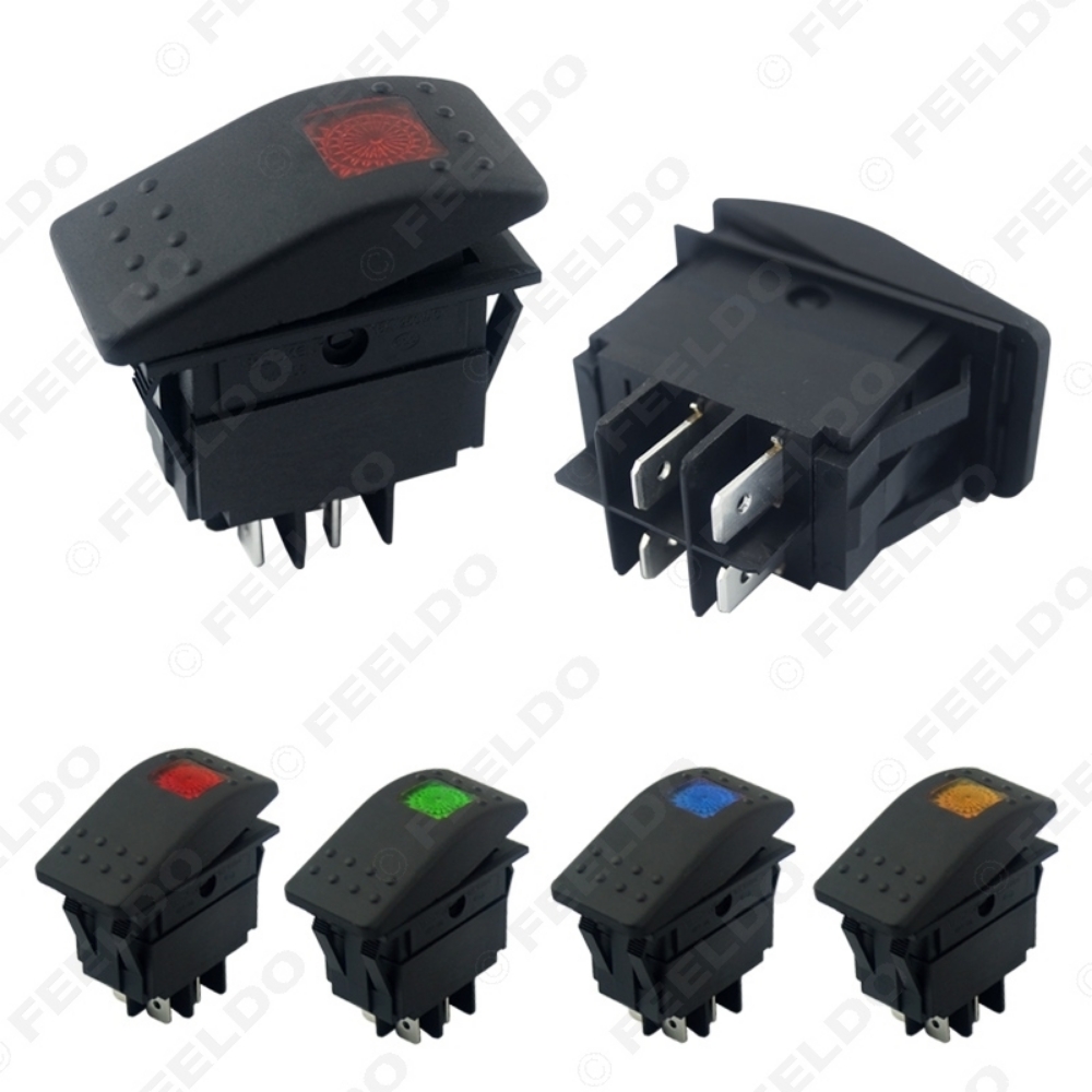 Picture of Car Boat Waterproof 4Pin Bar Rocker Toggle Switch On/Off with LED Light Blue/Red/Yellow/Green 12V