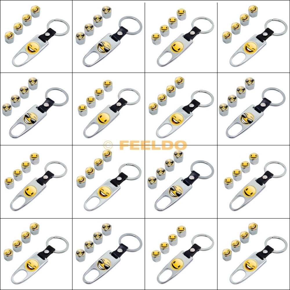 Picture of 4pcs/set Cool Chrome Car Tire Wheel Steam Valve Cap Leather Wrench Keychain For Mixed LOGOs