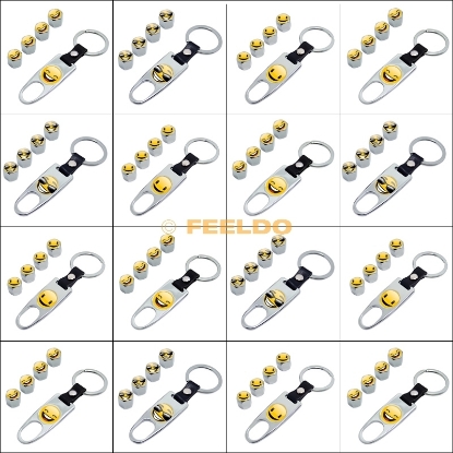 Picture of 4pcs/set Cool Chrome Car Tire Wheel Steam Valve Cap Leather Wrench Keychain For Mixed LOGOs