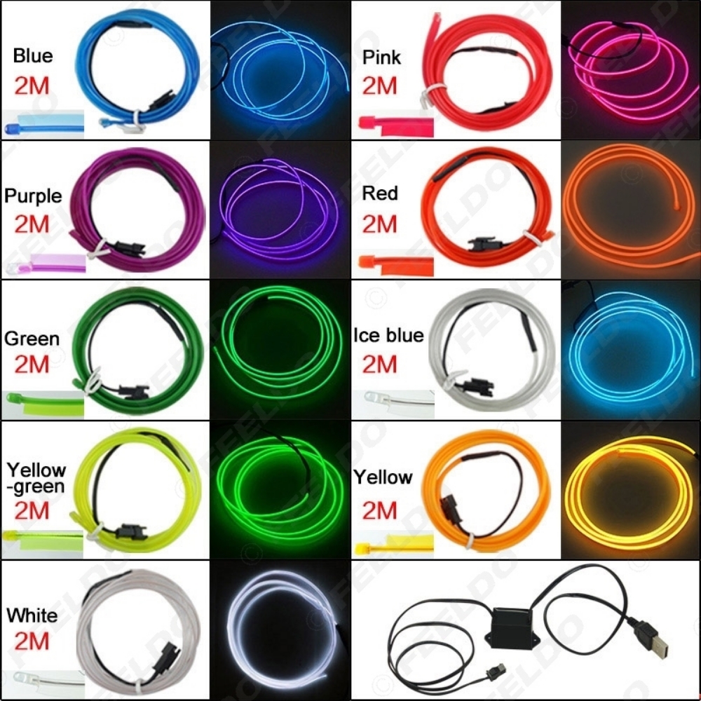 Picture of 12V USB Power Inverter Car 2M Flexible Moulding EL Neon Glow Lighting Rope Strip With Fin 9-color